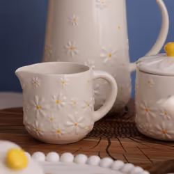 Daisy Milk Jug 275ml Creamer Ceramic Hand Painted Flower Embossed White Pourer