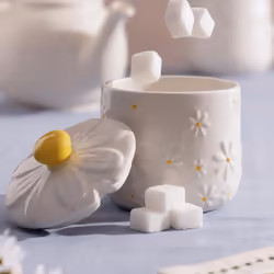 Daisy Sugar Bowl Jar With Lid Ceramic Hand Painted Flower Embossed White Storage