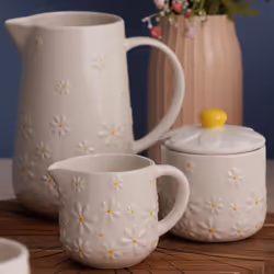 Daisy Sugar Bowl Jar With Lid Ceramic Hand Painted Flower Embossed White Storage