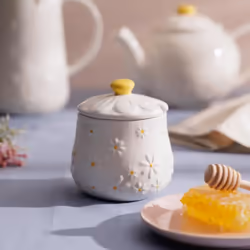 Daisy Honey Pot Ceramic & Drizzler Betula Glaze Hand Painted Flower Embossed