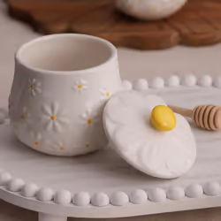 Daisy Honey Pot Ceramic & Drizzler Betula Glaze Hand Painted Flower Embossed