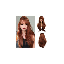 26 Inches Long Dark Auburn Wig with Bangs Slightly Curly Hair Ends Natural Synthetic Hair Straight Wigs for Women Daily Party Cosplay Wear