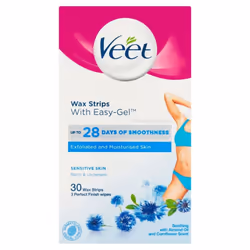 Veet Bikini & Underarm Hair Removal 30 Wax Strips Sensitive Skin Finish Wipes