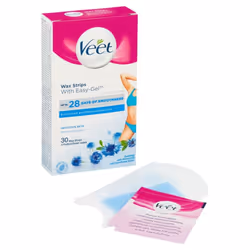 Veet Bikini & Underarm Hair Removal 30 Wax Strips Sensitive Skin Finish Wipes