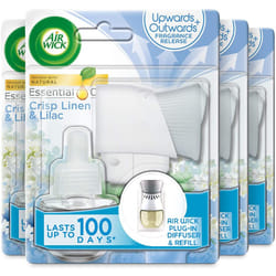 AirWick Essential Oils Air Freshener, Electrical Plug in Kit Gadget and Refill, Crisp Linen & Lilac, Multipack of 4 x 100 days, Lasts Total Up to 400