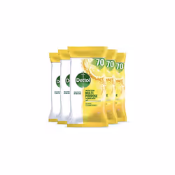 Dettol Antibacterial Multipurpose Cleaning Disinfectant Wipes, Citrus Zest, Multipack Of 5 X 70, Total 350 Wipes