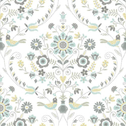 Britt Woodland Damask Vinyl Wallpaper Fine Decor - Ochre/Turquoise