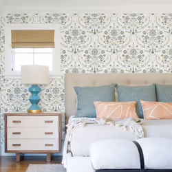 Britt Woodland Damask Vinyl Wallpaper Fine Decor - Ochre/Turquoise