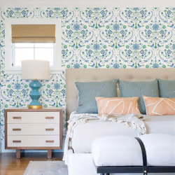 Britt Woodland Damask Vinyl Wallpaper Fine Decor - Blue/Green