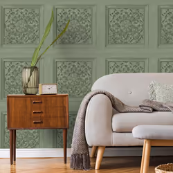 Fine Decor Carved Wood Panel Sage Green Wallpaper Modern Floral Contemporary