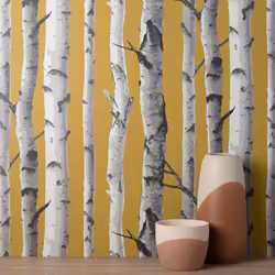 Fine Decor Birch Trees Mustard Wallpaper Modern Contemporary Paste The Wall