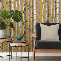 Fine Decor Birch Trees Mustard Wallpaper Modern Contemporary Paste The Wall