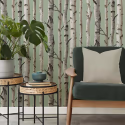 Fine Decor Birch Trees Sage Wallpaper Modern Contemporary Paste The Wall