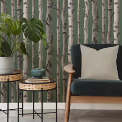 Fine Decor Birch Trees Dark Green Wallpaper Modern Contemporary Paste The Wall
