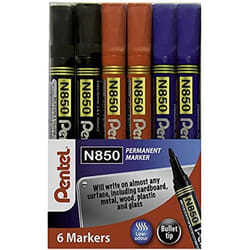 Pentel N850 Permanent Marker Bullet Tip 2.1mm Line Assorted (Pack 6) Y