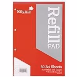 Silvine A4 Refill Pads. headbound. punched 4 holes with 80 Feint Ruled and Margin White Leaves.