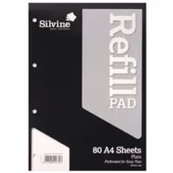Silvine Refill Pad A4. Features printed top. punched 4 holes. headbound. 80 leaves. Plain.