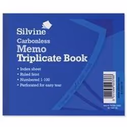 Silvine Carbonless Triplicate Book. Manufactured from quality paper. white pages numbered from 1 to 100 with an index sheet. ...