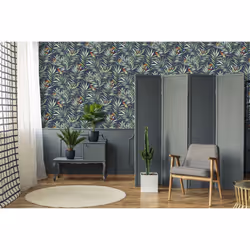 Fresco Hummingbird Navy Tropical Floral Wallpaper