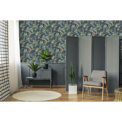 Fresco Hummingbird Navy Tropical Floral Wallpaper
