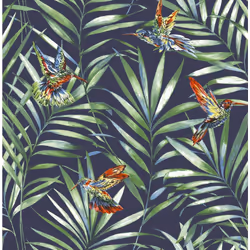 Fresco Hummingbird Navy Tropical Floral Wallpaper