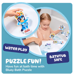 Tomy Toomies Bluey Bath Puzzle - Mix and Match Bluey Puzzle - Foam Toddler Bath Toys - Includes Mesh Bag Bath Toy Storage with Suction Cups - 8 Count