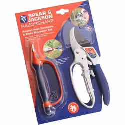Spear & Jackson Razorsharp Ratchet Anvil Secateurs & Blade Sharpener - Red/Navy