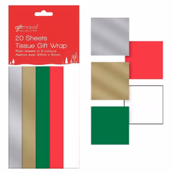 Christmas 20 Sheets Tissue Paper Gift Wrap 5 Colours 50x50cm