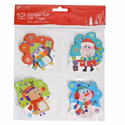 12 Pack Googly Eye Christmas Character Gift Tags Penguin Santa Snowman Reindeer