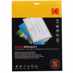 Use Kodak Speciality Assorted 150 Micron Coloured A4 Laminating Pouches to protect and preserve prints & docume ...