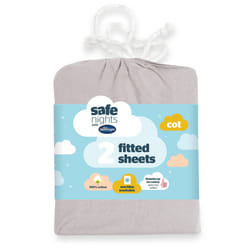 Safe Nights Cot Size Fitted Sheets Set 100% Jersey Cotton Bedside Compatible Pack of Two Grey Easy Care Super Soft Cuddly for Baby with Storage Bag
