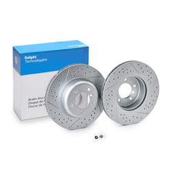 DELPHI Brake disc BMW: 3 Coupe, 3 Saloon, 3 Touring Front Axle 26mm 5 Vented, Perforated, slotted/perforated Coated High-carbon BG9235C 34116786392