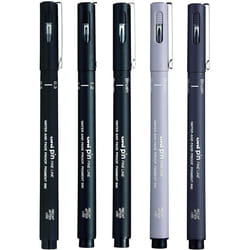 Uni-Ball Pin Drawing Pen - 03/12/Brush - Light Grey/ Dark Grey/ Black - Wallet of 5