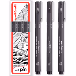 uni-ball PIN Fineliner Technical Drawing Pens - Set of 3 - Brush, Dark Grey