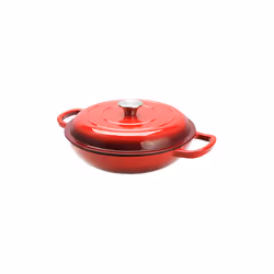 Round Cast Iron Shallow Casserole Pot Dish With Lid Red 70oz