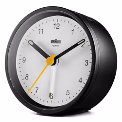 Braun Classic Analogue Alarm Clock with Snooze and Light, Black & White, BC12BW