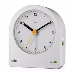 Braun Classic Analogue Alarm Clock, Snooze and Continuous Backlight, White, BC22W