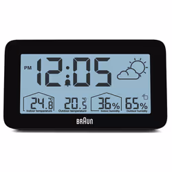 Braun Digital Weather Station Alarm Clock, LCD Display, Black, BC13BP