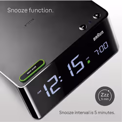 Braun Digital Alarm Clock with VA LCD Display, Touch Snooze Pad, Automatically Adjusting Display Brightness, Beep Alarm, Black, model BC16BUK.