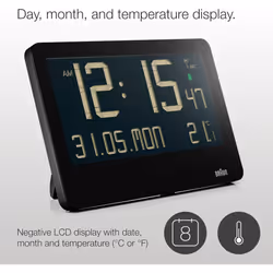 Braun Digital Wall Clock With Indoor Temperature LCD Display Alarm