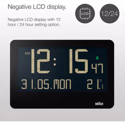 Braun Digital Wall Clock With Indoor Temperature LCD Display Alarm