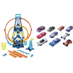 Track Builder Unlimited Triple Loop Kit Collapsible 3-Loop Gift Set for Kids 6 to 12 Years+ One 1:64 Scale Hot Wheels Vehicle, GYP65 & 10-Car Pack of