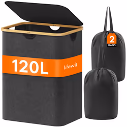 120L Laundry Basket with Lid, Clothes Hampers for Laundry with Bamboo Handles and A Removable Laundry Bag, Large Foldable Lau ...