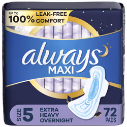 Maxi Overnight Pads with Wings, Size 5, Extra Heavy Overnight, Unscented, 72 Count