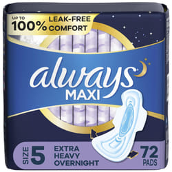 Maxi Overnight Pads with Wings, Size 5, Extra Heavy Overnight, Unscented, 72 Count