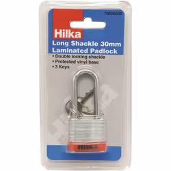 Hilka Tools 70606030 Long Shackle 30mm Laminated Padlock, Silver