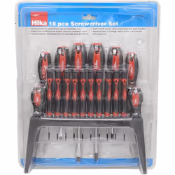 Hilka Screwdriver Set 18pc In Storage Rack Flat Slotted Phillips 32700018