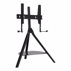 AVF Hoxton TV Floor Stand - With Soundbar Mount Included - Free-standing Tripod TV Unit, Solid Black Wood Legs, Black Glass Shelf, For TVs 32" to 70"