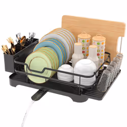Dish Drainer,Single Layer Tableware Dish Rack,with Drip Tray and Spiral Nozzle,Dish Drying Rack with Removable Cutlery Holder ...