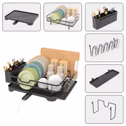 Dish Drainer,Single Layer Tableware Dish Rack,with Drip Tray and Spiral Nozzle,Dish Drying Rack with Removable Cutlery Holder,Sink Drainer Rack for